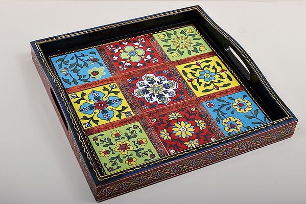 exotic india 11" Decorative Colorful Floral Design Tray | Decorative Tray | Handmade Art | Made in India