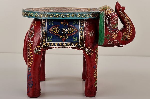 Exotic India 11" Decorative Hand Painted Wooden Elephant Table | Handmade Wood Table | Made In India 