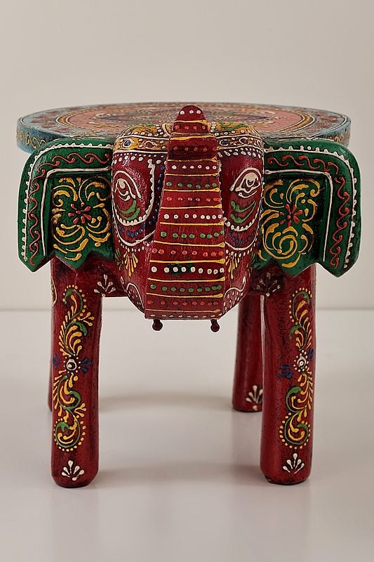 Exotic India 11" Decorative Hand Painted Wooden Elephant Table | Handmade Wood Table | Made In India 
