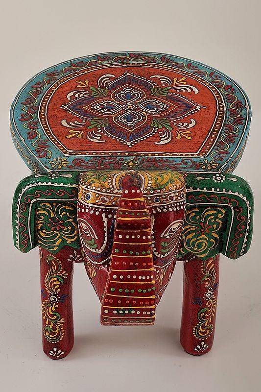 Exotic India 11" Decorative Hand Painted Wooden Elephant Table | Handmade Wood Table | Made In India 