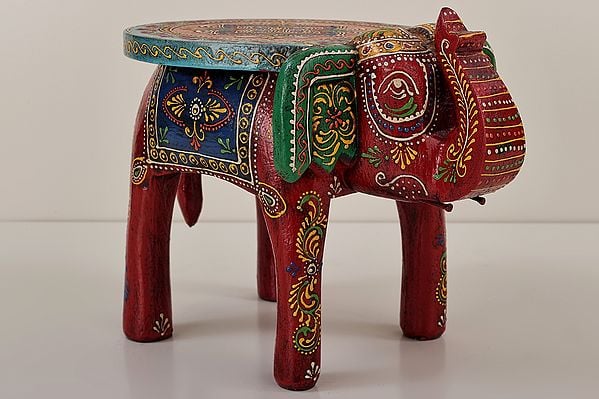 exotic india 11" Decorative Hand Painted Wooden Elephant Table | Handmade Wood Table | Made in India