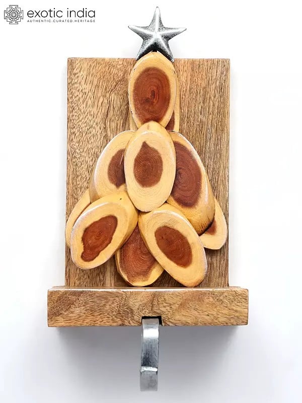 Exotic India 11" Designer Christmas Tree Stocking Holder | Wood And Iron 