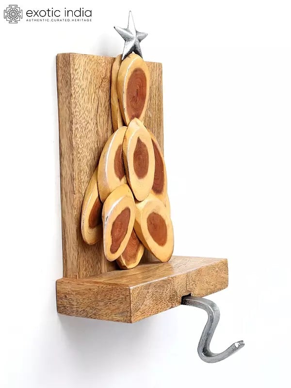 Exotic India 11" Designer Christmas Tree Stocking Holder | Wood And Iron 