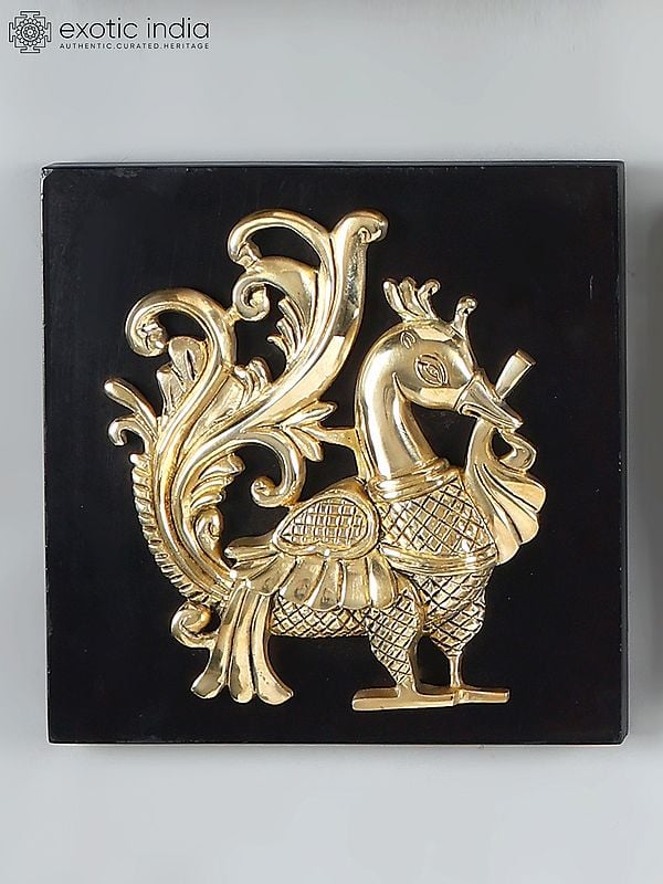 Exotic India 11" Designer Wall Art Relief Frames With Cow Peacock Lotus And Kalash | Set Of 9 | Brass And Wood | Wall Hanging 