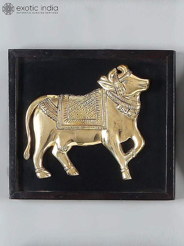 Exotic India 11" Designer Wall Art Relief Frames With Cow Peacock Lotus And Kalash | Set Of 9 | Brass And Wood | Wall Hanging 