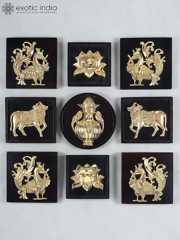 exotic india 11" Designer Wall Art Relief Frames with Cow Peacock Lotus and Kalash | Set of 9 | Brass and Wood | Wall Hanging 