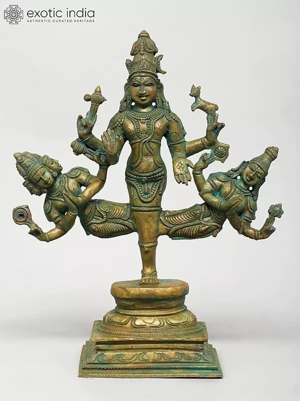 exotic india 11" Ekapadamurthi - Divine Form of Lord Shiva with Lord Brahma and Lord Vishnu | Madhuchista Vidhana (Lost-Wax) | Panchaloha Bronze from Swamimalai 