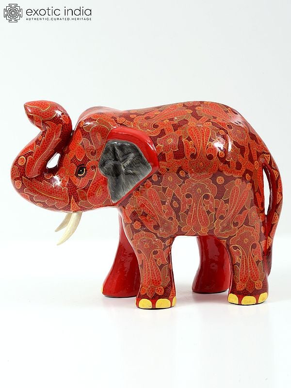 Exotic India 11" Hand Painted Decorative Elephant Figurine | Papier Mache | From Kashmir 