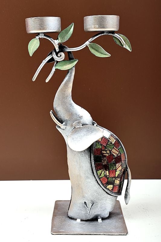 Exotic India 11" Handmade Candle Holder On Elephant Trunk 