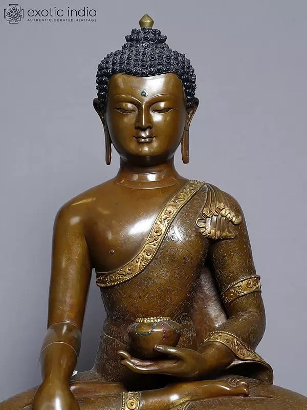 Exotic India 11" Lord Shakyamuni Buddha Statue In Copper Gold Plated From Nepal | Handmade Statue 