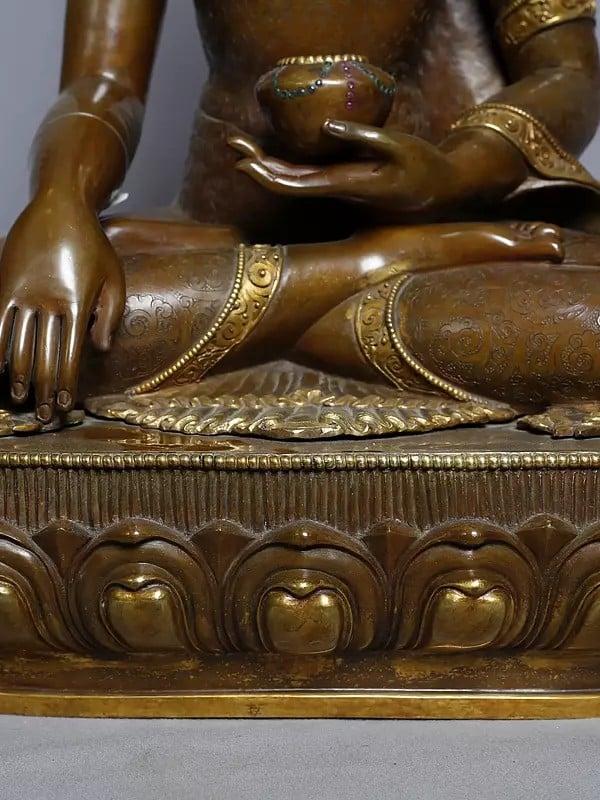 Exotic India 11" Lord Shakyamuni Buddha Statue In Copper Gold Plated From Nepal | Handmade Statue 