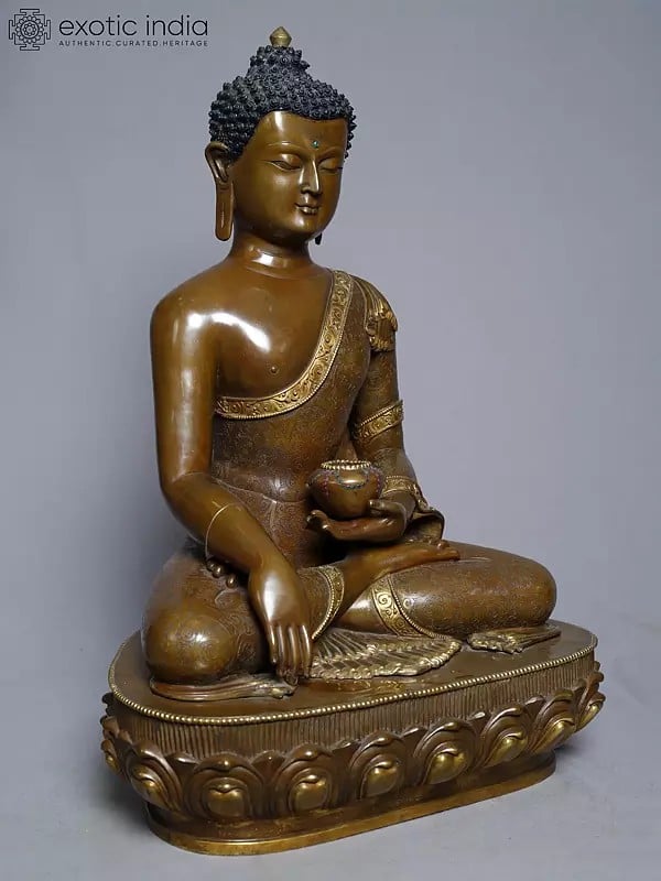 Exotic India 11" Lord Shakyamuni Buddha Statue In Copper Gold Plated From Nepal | Handmade Statue 