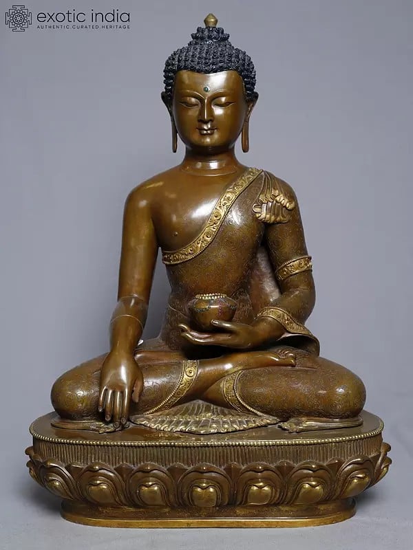 exotic india 11" Lord Shakyamuni Buddha Statue In Copper Gold Plated From Nepal | Handmade Statue 