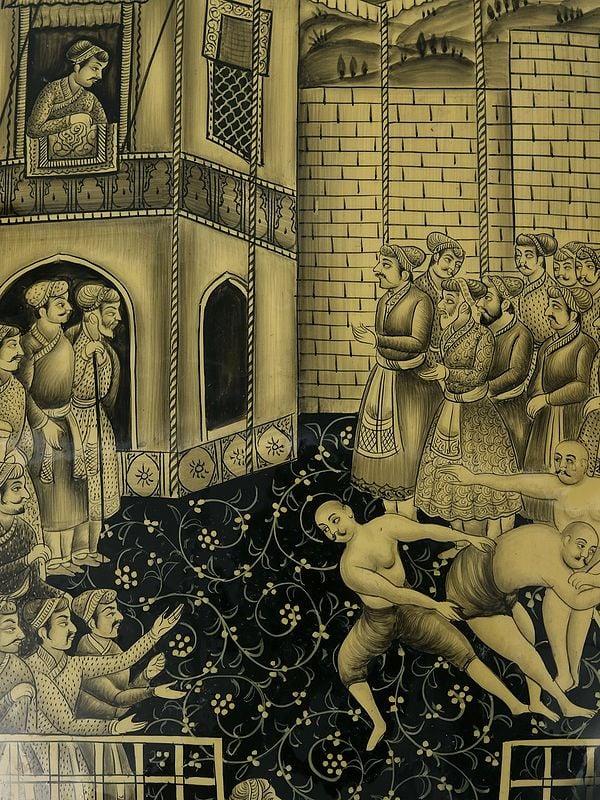 Exotic India 11" Mughal King Watching A Wrestling Match Hand Painted Box | Papier Mache