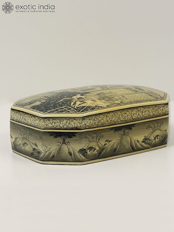 Exotic India 11" Mughal King Watching A Wrestling Match Hand Painted Box | Papier Mache