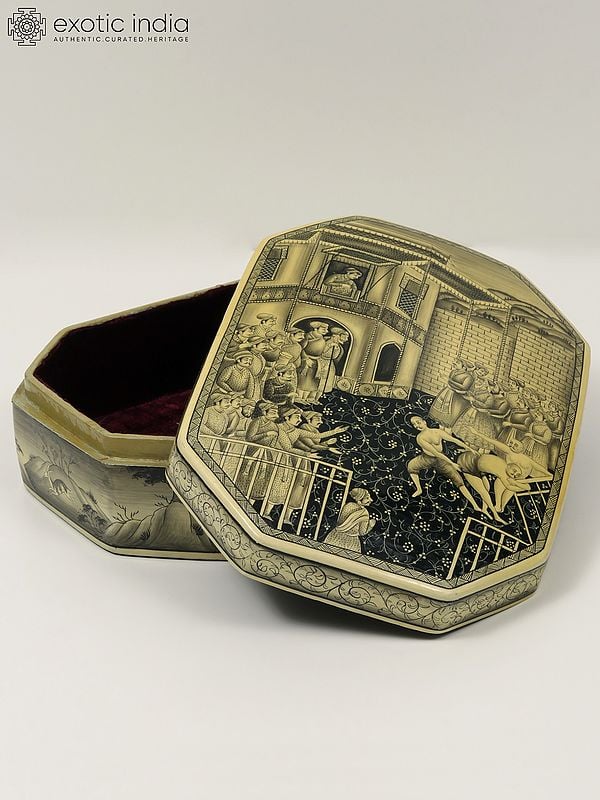 Exotic India 11" Mughal King Watching A Wrestling Match Hand Painted Box | Papier Mache