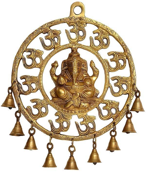 exotic india 11" OM (AUM) Ganesha Wall Hanging with Bells in Brass | Handmade | Made in India 
