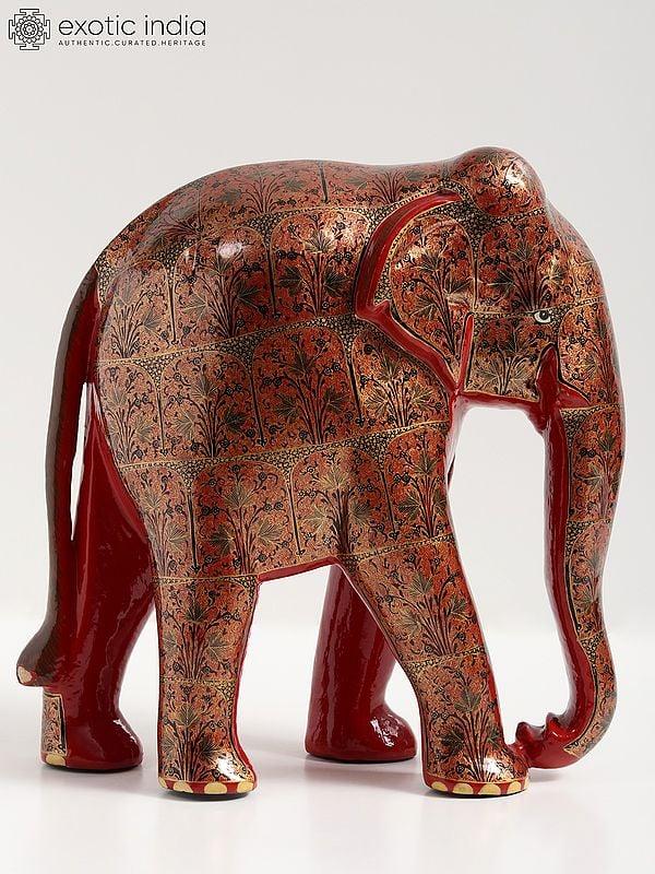 Exotic India 11" Red Color Hand Painted Papier Mache Elephant Figurine | From Kashmir | Home Decor 