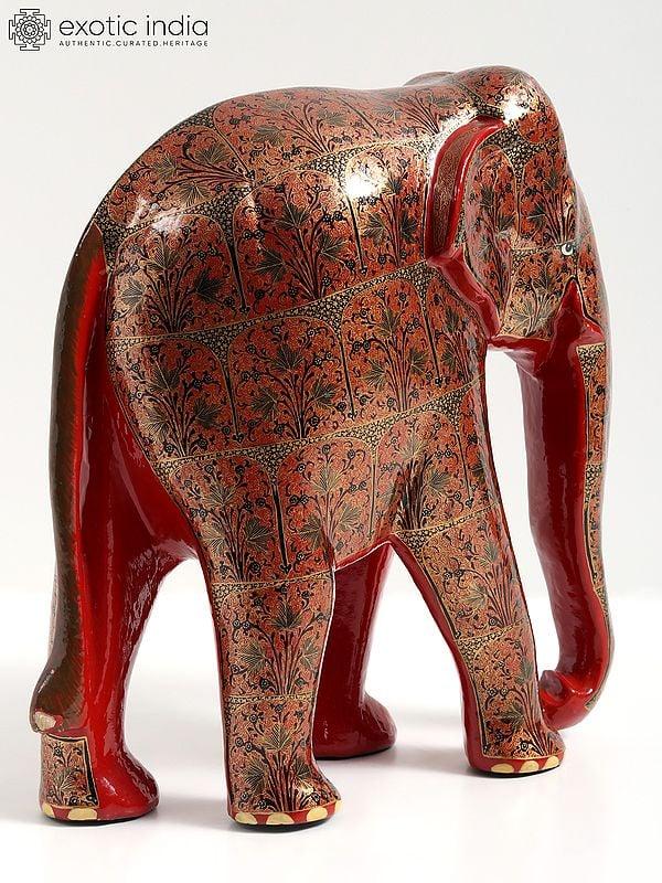 Exotic India 11" Red Color Hand Painted Papier Mache Elephant Figurine | From Kashmir | Home Decor 
