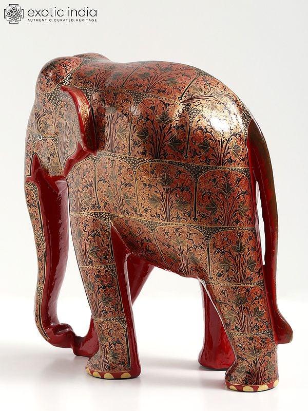 Exotic India 11" Red Color Hand Painted Papier Mache Elephant Figurine | From Kashmir | Home Decor 