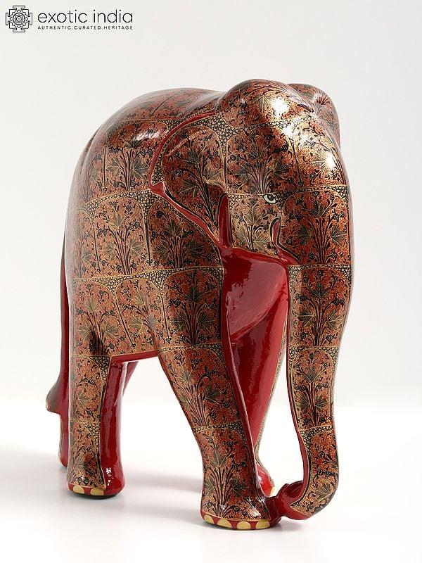 exotic india 11" Red Color Hand Painted Papier Mache Elephant Figurine | From Kashmir | Home Decor 