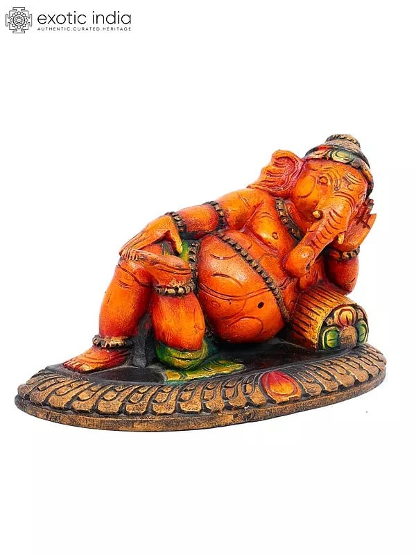 Exotic India 11" Relaxing Bhagawan Ganesha | Wood Carving 