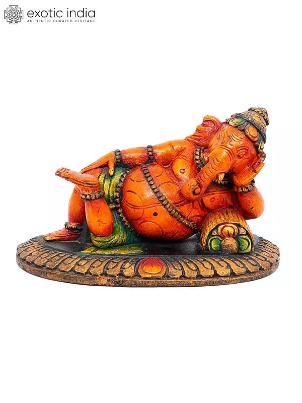 exotic india 11" Relaxing Bhagawan Ganesha | Wood Carving 