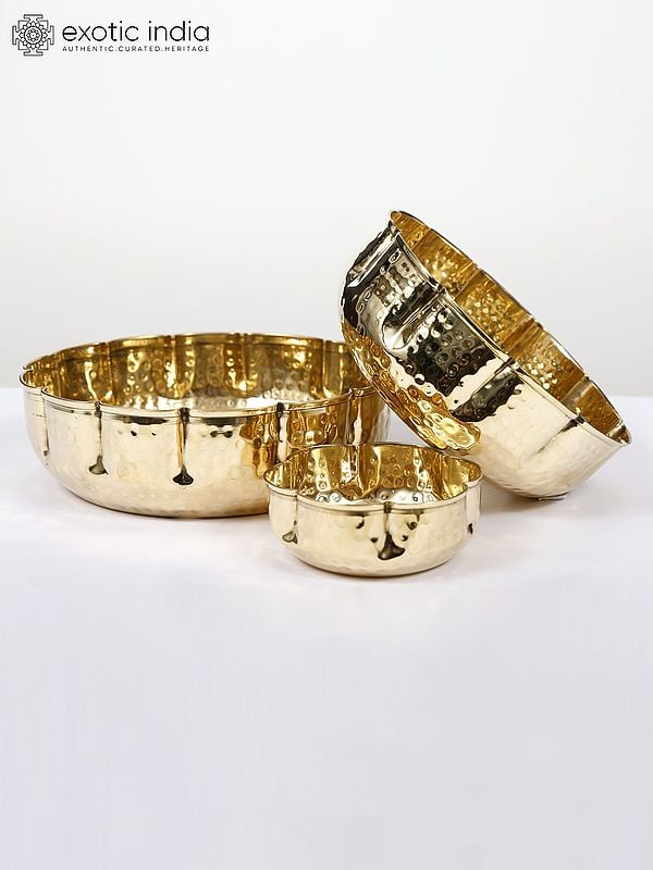 Exotic India 11" Set Of Three Designer Bowls In Brass