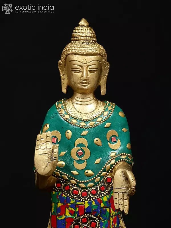 Exotic India 11" Standing Lord Buddha In Abhaya And Varada Mudra | Brass Statue With Inlay Work 