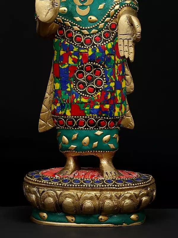 Exotic India 11" Standing Lord Buddha In Abhaya And Varada Mudra | Brass Statue With Inlay Work 