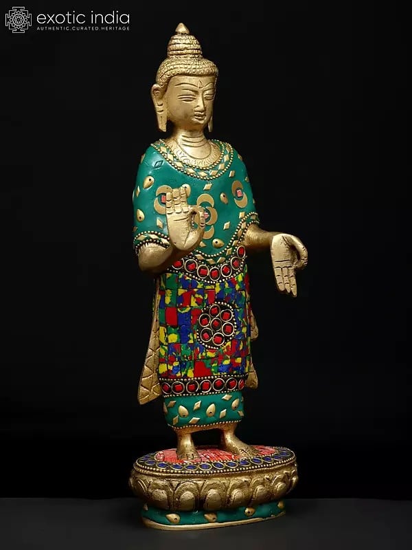 Exotic India 11" Standing Lord Buddha In Abhaya And Varada Mudra | Brass Statue With Inlay Work 