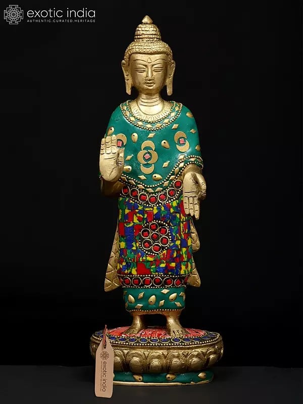 exotic india 11" Standing Lord Buddha in Abhaya and Varada Mudra | Brass Statue with Inlay Work 
