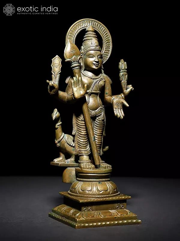 Exotic India 11 " Standing Lord Kartikeya In Blessing Gesture | Murugan Bronze Statue 