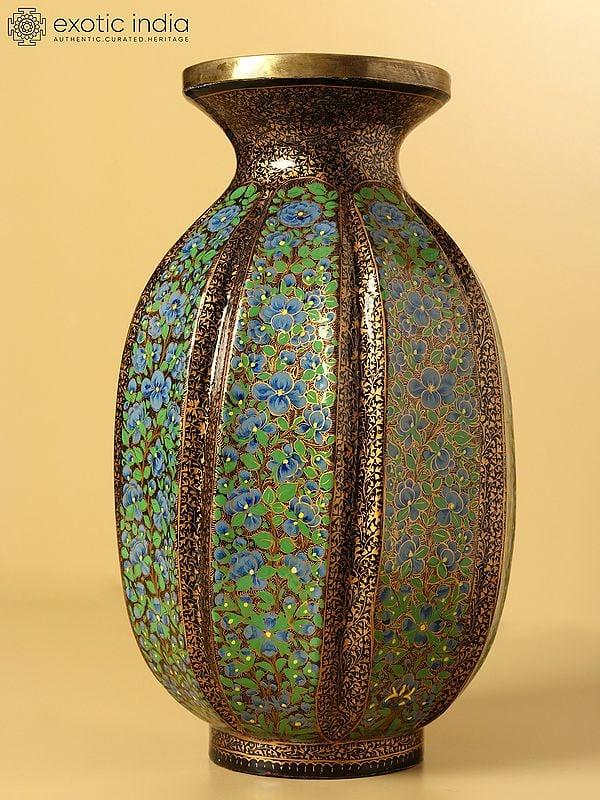 Exotic India 11" Superfine Papier Mache Flower Vase With Brass Inside | Hand Painted | From Kashmir