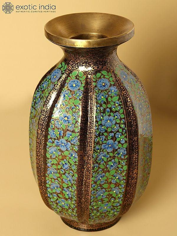 exotic india 11" Superfine Papier Mache Flower Vase with Brass Inside | Hand Painted | From Kashmir 