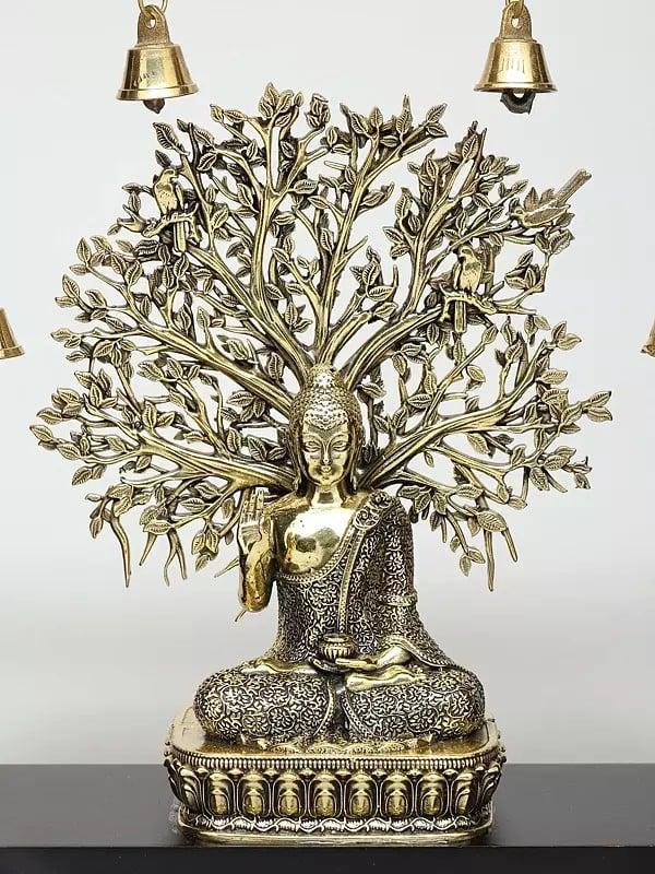 Exotic India 11" Superfine Sitting Blessing Lord Buddha With Bodhi Tree | Wood Framed Brass Sculpture | Wall Hanging 