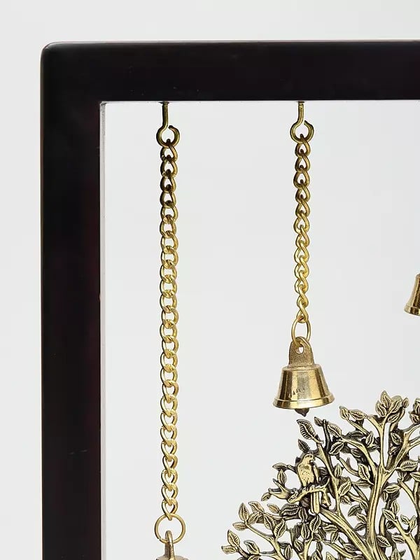 Exotic India 11" Superfine Sitting Blessing Lord Buddha With Bodhi Tree | Wood Framed Brass Sculpture | Wall Hanging 