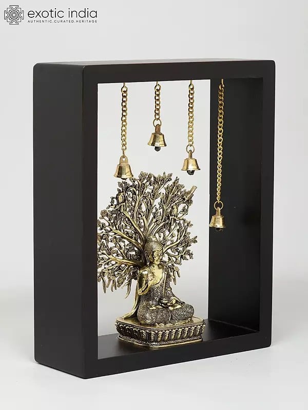 Exotic India 11" Superfine Sitting Blessing Lord Buddha With Bodhi Tree | Wood Framed Brass Sculpture | Wall Hanging 