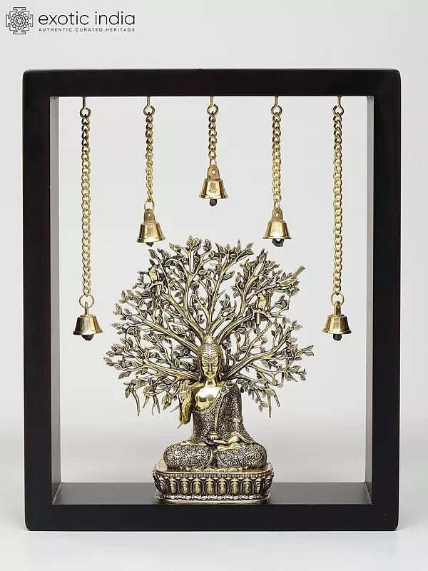exotic india 11" Superfine Sitting Blessing Lord Buddha with Bodhi Tree | Wood Framed Brass Sculpture | Wall Hanging 