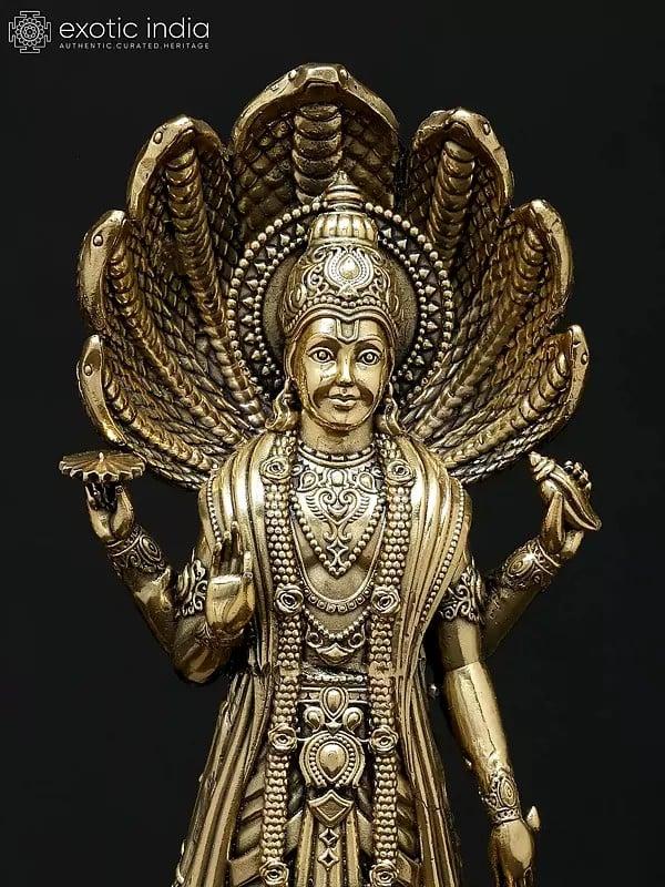 Exotic India 11" Superfine Standing Four Armed Shri Hari Vishnu With Protected Sheshnag | Brass Statue 