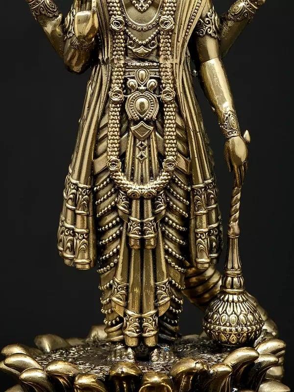Exotic India 11" Superfine Standing Four Armed Shri Hari Vishnu With Protected Sheshnag | Brass Statue 