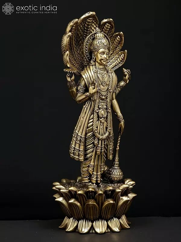 Exotic India 11" Superfine Standing Four Armed Shri Hari Vishnu With Protected Sheshnag | Brass Statue 
