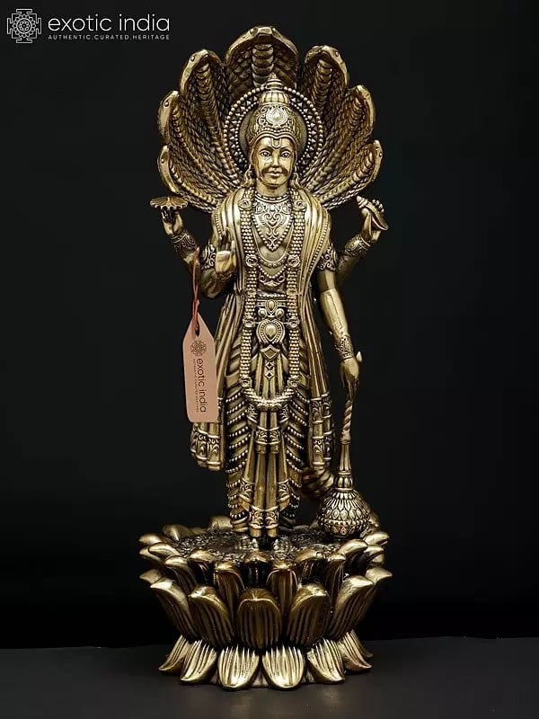 exotic india 11" Superfine Standing Four Armed Shri Hari Vishnu with Protected Sheshnag | Brass Statue 