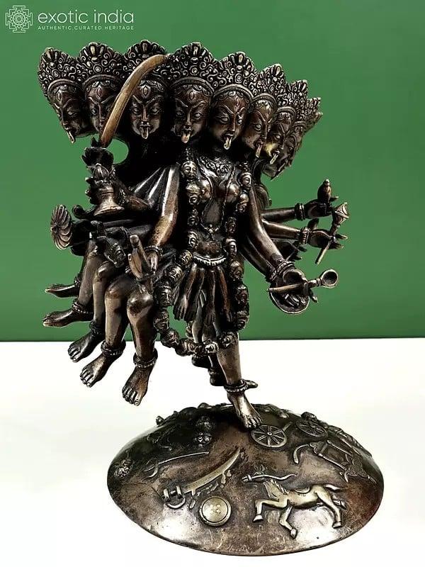 Exotic India 11" Unusual Mahakali Brass Statue – Ten Heads Ten Arms Ten Legs Handmade In Nepal 