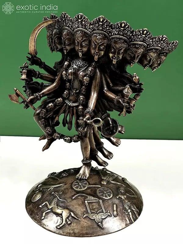 Exotic India 11" Unusual Mahakali Brass Statue – Ten Heads Ten Arms Ten Legs Handmade In Nepal 