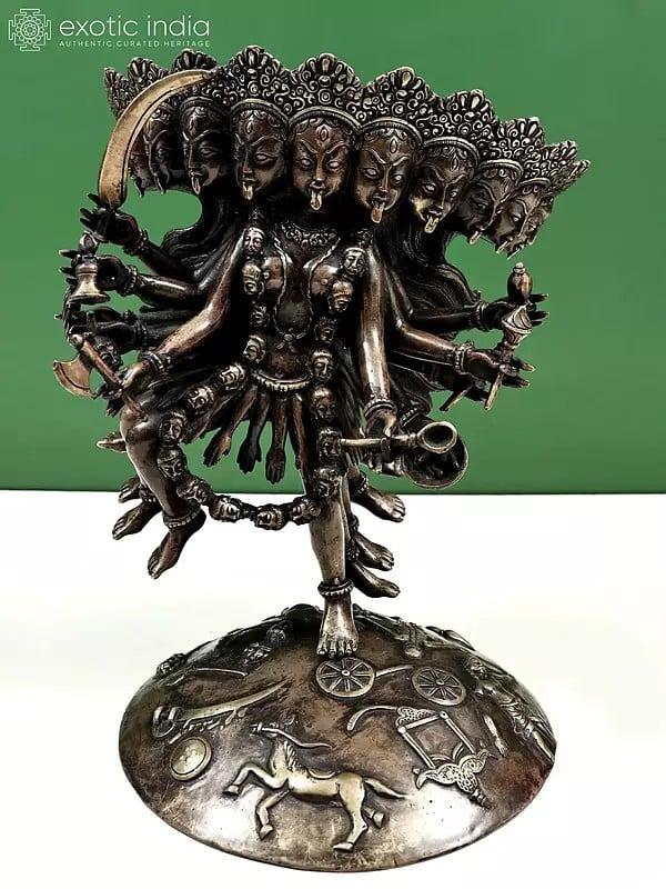 exotic india 11" Unusual Mahakali Brass Statue – Ten Heads Ten Arms Ten Legs Handmade in Nepal 