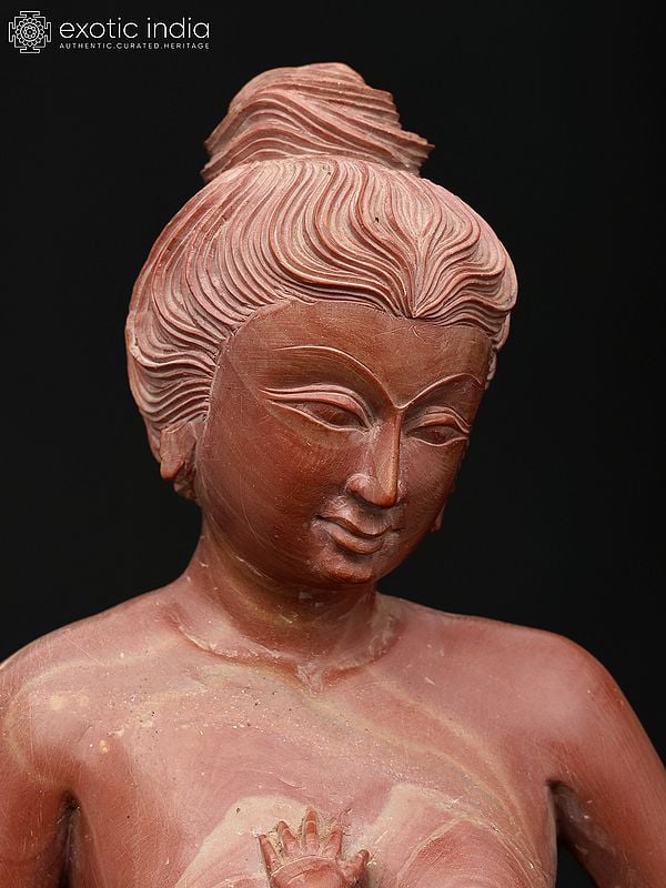 Exotic India 11" Vatsalya - Mother With Child Sculpture In Pink Stone | Home Decor | Made In Orissa 