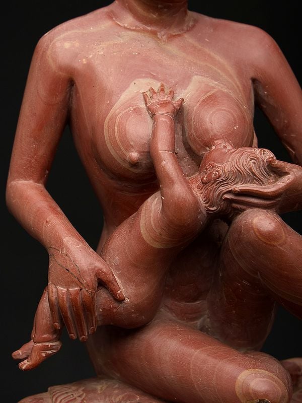 Exotic India 11" Vatsalya - Mother With Child Sculpture In Pink Stone | Home Decor | Made In Orissa 