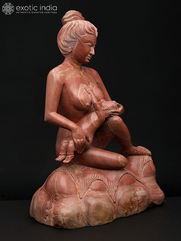 Exotic India 11" Vatsalya - Mother With Child Sculpture In Pink Stone | Home Decor | Made In Orissa 