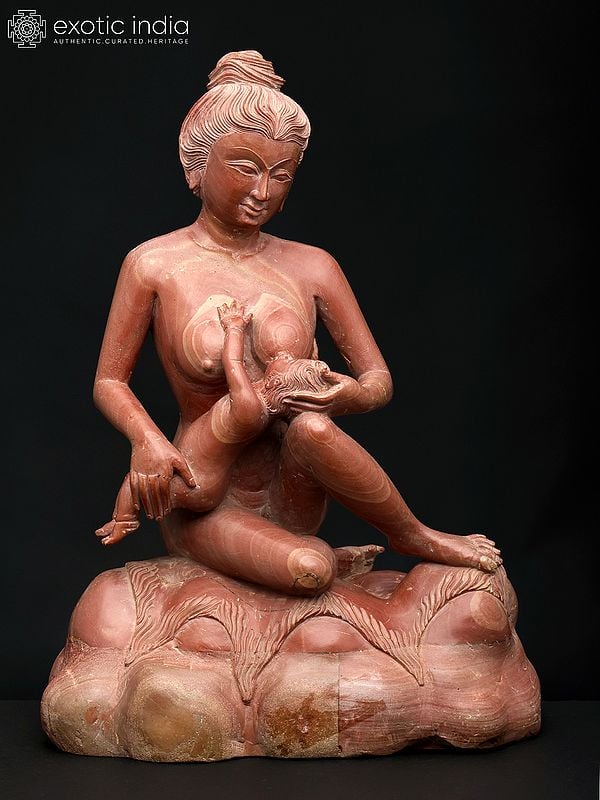 exotic india 11" Vatsalya - Mother with Child Sculpture in Pink Stone | Home Decor | Made In Orissa 